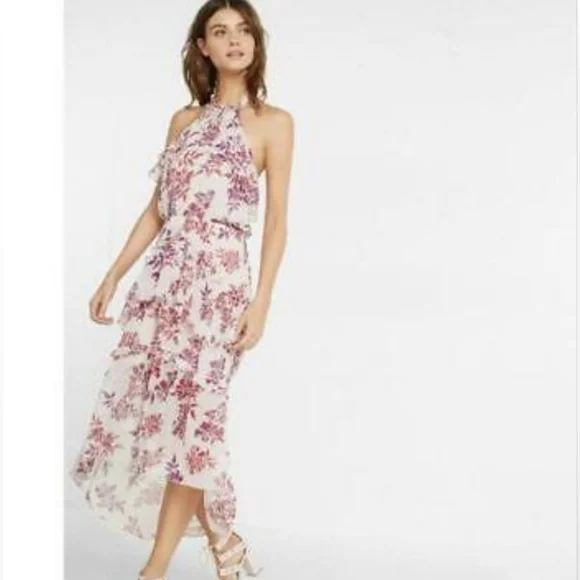 EUC, EXPRESS Floral Print Halter Top Ruffle Midi Dress, Size Medium
